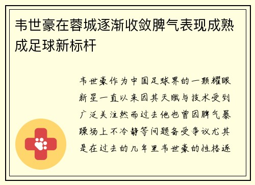 韦世豪在蓉城逐渐收敛脾气表现成熟成足球新标杆 韦世豪在蓉城逐渐收敛脾气表现成熟成足球新标杆